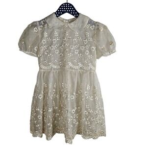 Vintage‎ Girls Sheer Embroidered Eyelet Dress Short Sleeve Off White 4 5 6